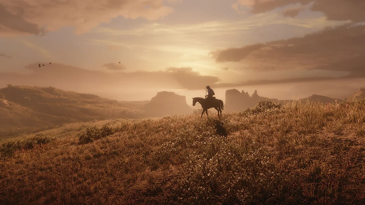 A lone rider silhouetted against a golden frontier sunset
